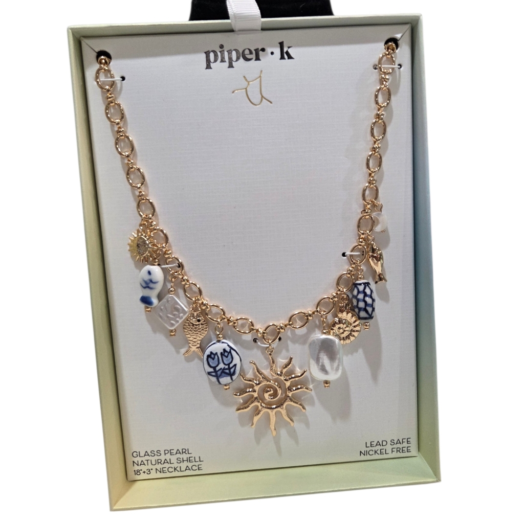 Piper K Glass Pearl Natural Shell Nautical Sungold Tone 18in Necklace 65$